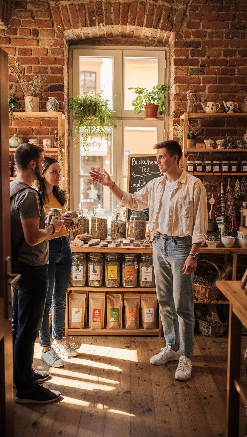 Illatos búzatea gőzölgő csészében, háttérben természetes táj.