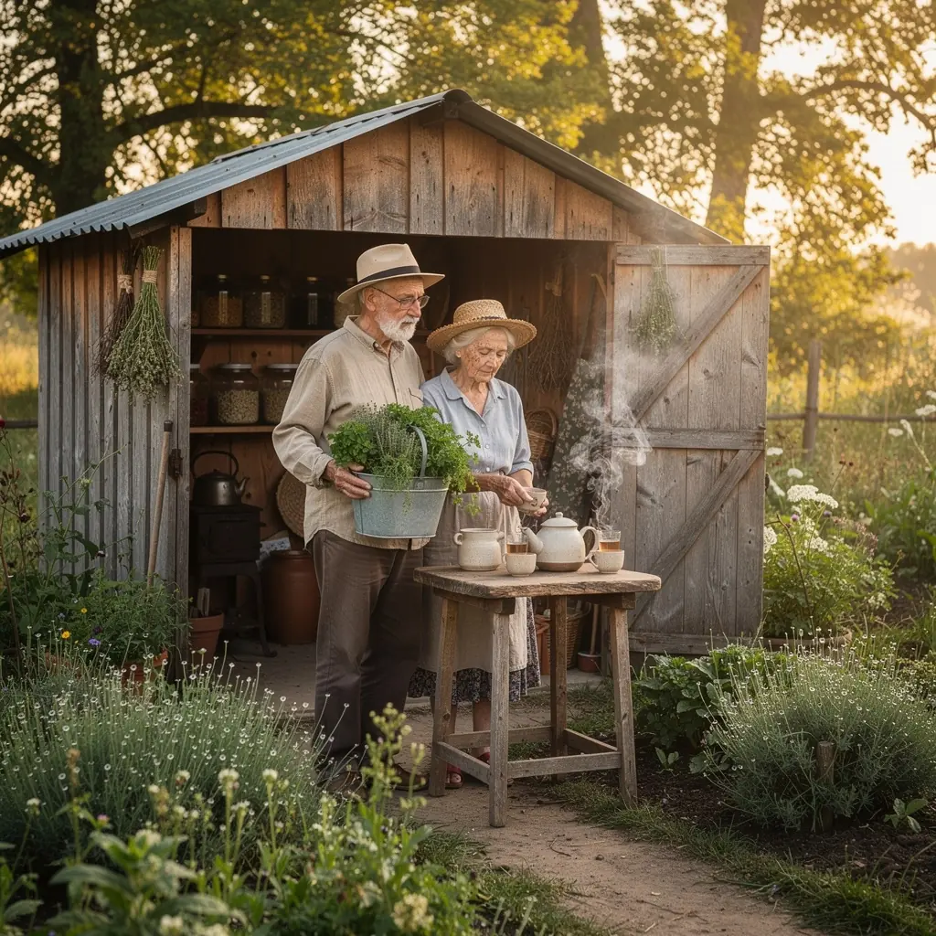 Friss levelek és virágok egyenletesen elrendezve a hajdina tea körül.