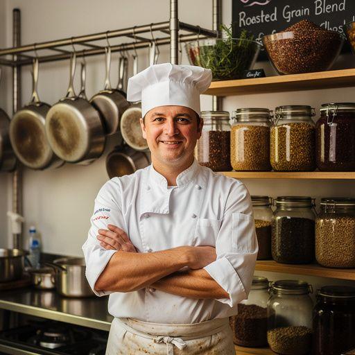 Hajdina tea, pirított gabonák keveréke egy csésze fehér háttér előtt.