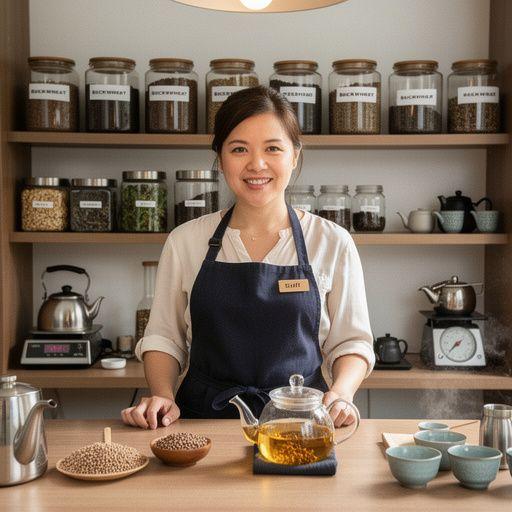 Pirított hajdina gabonák, amelyek színes és ízletes teakeverék részei.